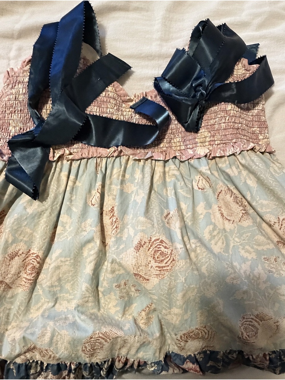 Free People Smocked Top with Blue Floral Skirt and Navy Ribbon Blue Bell Maxi - Picture 1 of 8